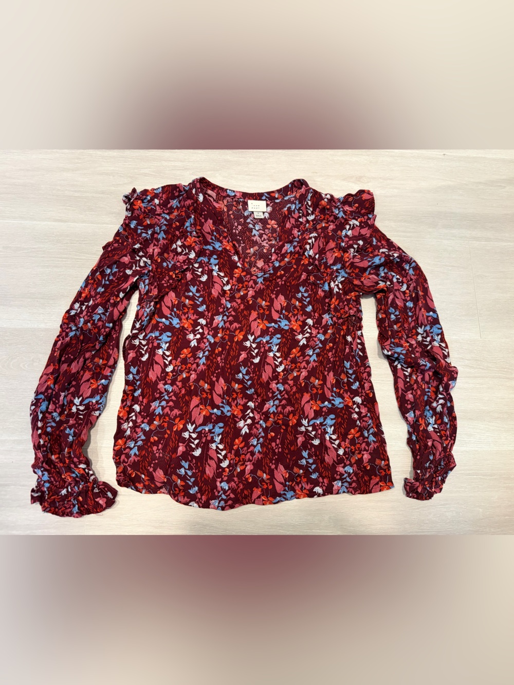 a new day Burgundy Floral Long-Sleeve V-Neck Blouse